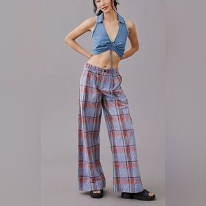Anthropologie Blue and Red Plaid Wide Leg Pants
